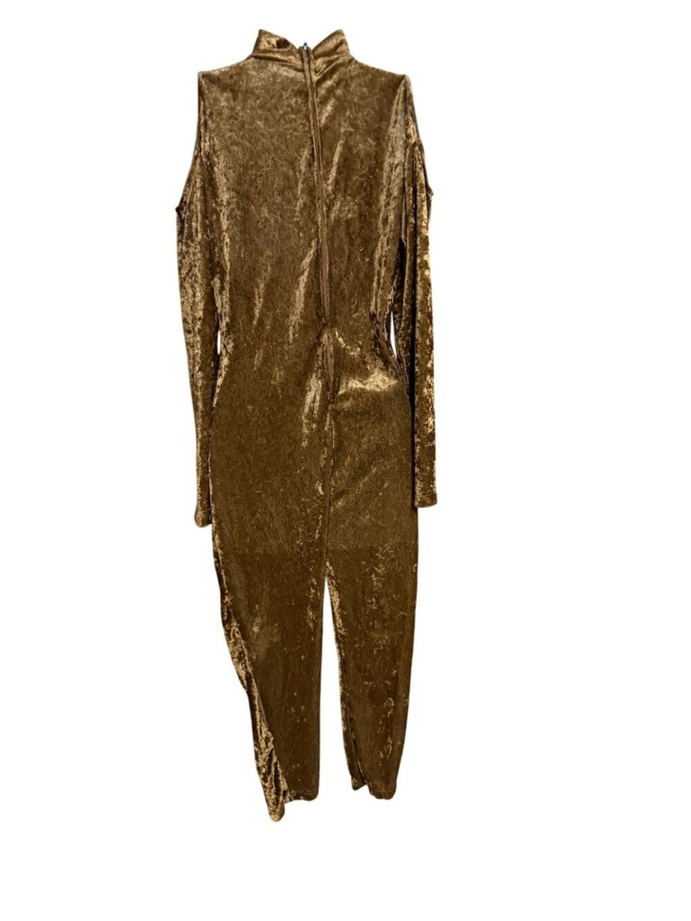 Vintage Happy Legs Velvet Gold Cold-Shoulder Jumpsuit With Mock Neck & Back Zipp - Picture 4 of 5